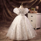 White wedding dress puff sleeve flower girl elegant fluffy girl evening dress