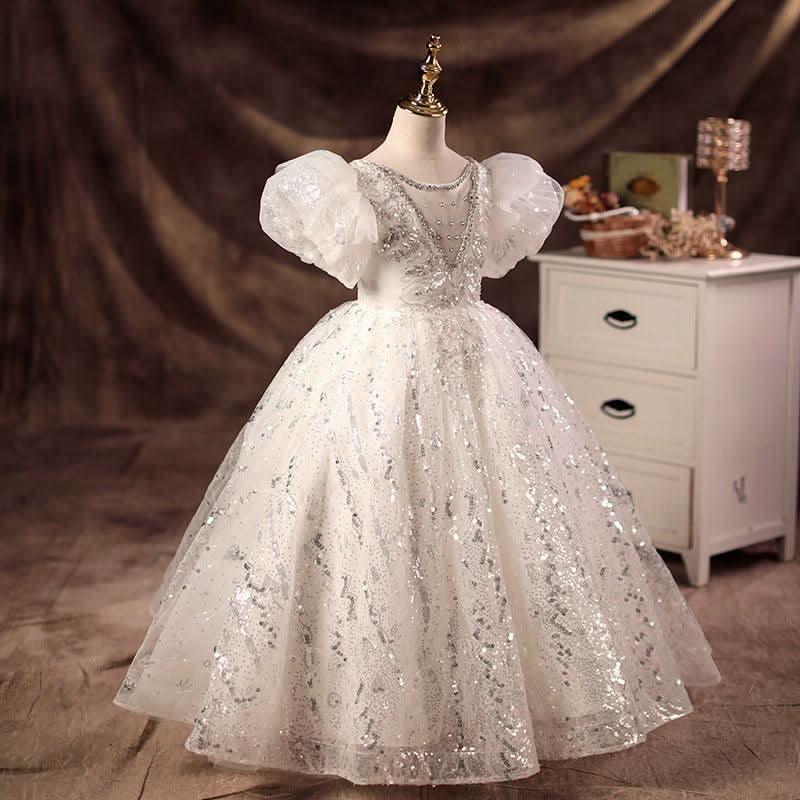 White wedding dress puff sleeve flower girl elegant fluffy girl evening dress