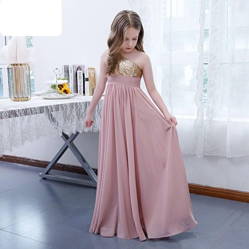 Children's dress party performance wedding flower girl sequined one shoulder girls long evening dress