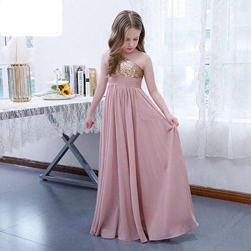 Children's dress party performance wedding flower girl sequined one shoulder girls long evening dress