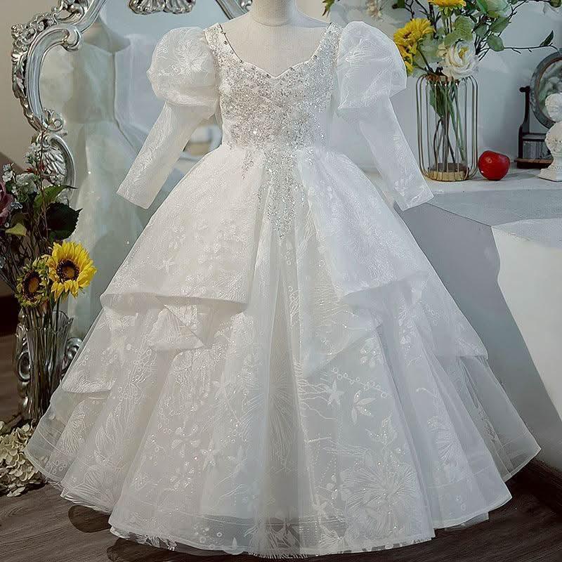 Stylish Wedding Flower Girl Elegant White Puffy Long Sleeve Girl Princess Dress