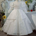 Stylish Wedding Flower Girl Elegant White Puffy Long Sleeve Girl Princess Dress