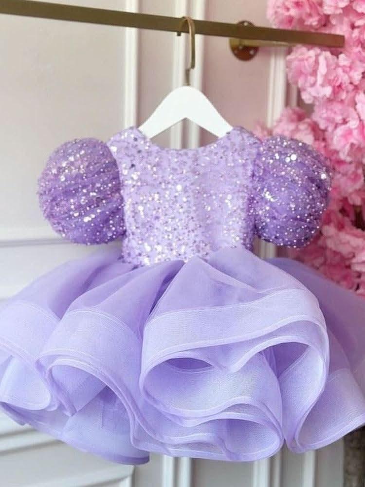 Girls Sequin Tulle Princess Dress Puff Sleeve Party Dress | KLFFIGID