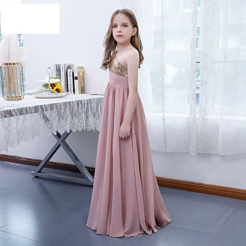 Children's dress party performance wedding flower girl sequined one shoulder girls long evening dress