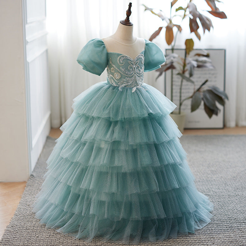 Girls Puff Sleeve Embroidered Evening Party Cake Dress | KLFFIGID