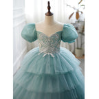 Girls Puff Sleeve Embroidered Evening Party Cake Dress | KLFFIGID