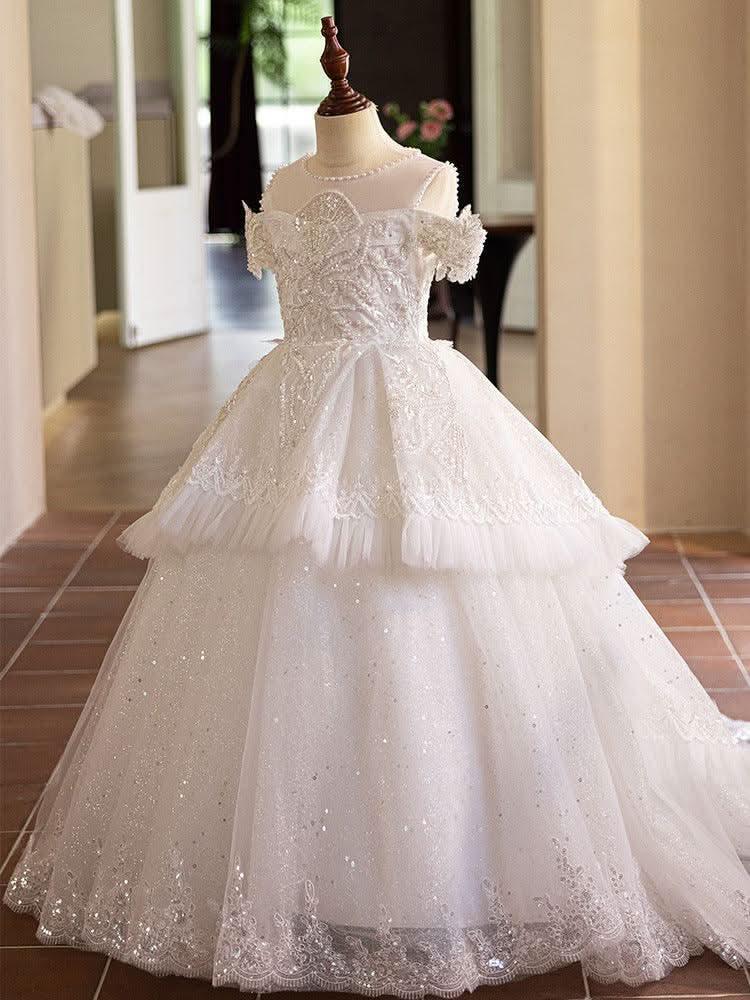 Trailing wedding dress flower girl evening dress new sequin embroidered mesh piano stage performance girl princess dress