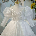 Stylish Wedding Flower Girl Elegant White Puffy Long Sleeve Girl Princess Dress