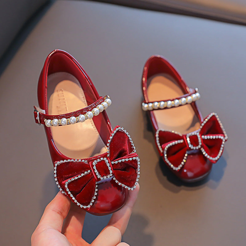 Bowknot girls shoes, small leather shoes, pearl shoes, red baby shoes