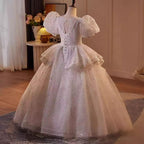 New Fashion Children's Wedding Dress Puff Sleeve Sequined Fluffy Girl Princess Dress