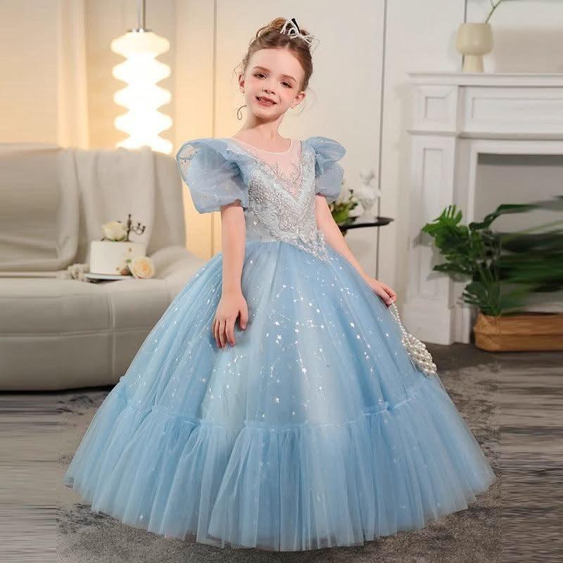 3-12 years old birthday party girls princess dress wedding puff sleeve embroidered mesh fluffy blue sequins elegant girls evening dress