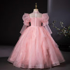 New style wedding flower girl birthday party long sleeve pink girl dress for 3-12 years old