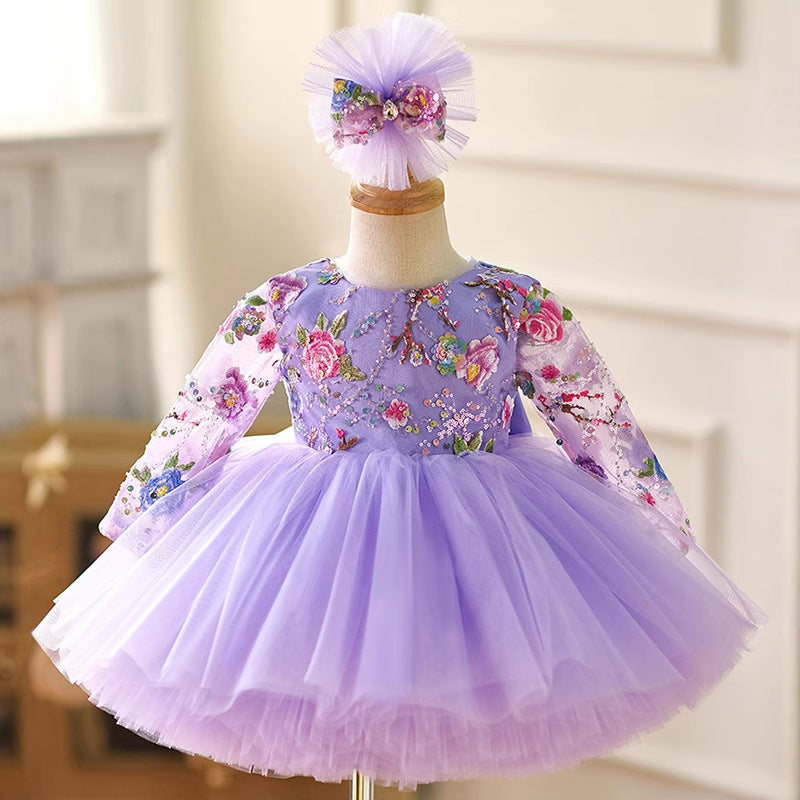 Purple Long Sleeve Embroidered Tulle Party Dress | KLFFIGID