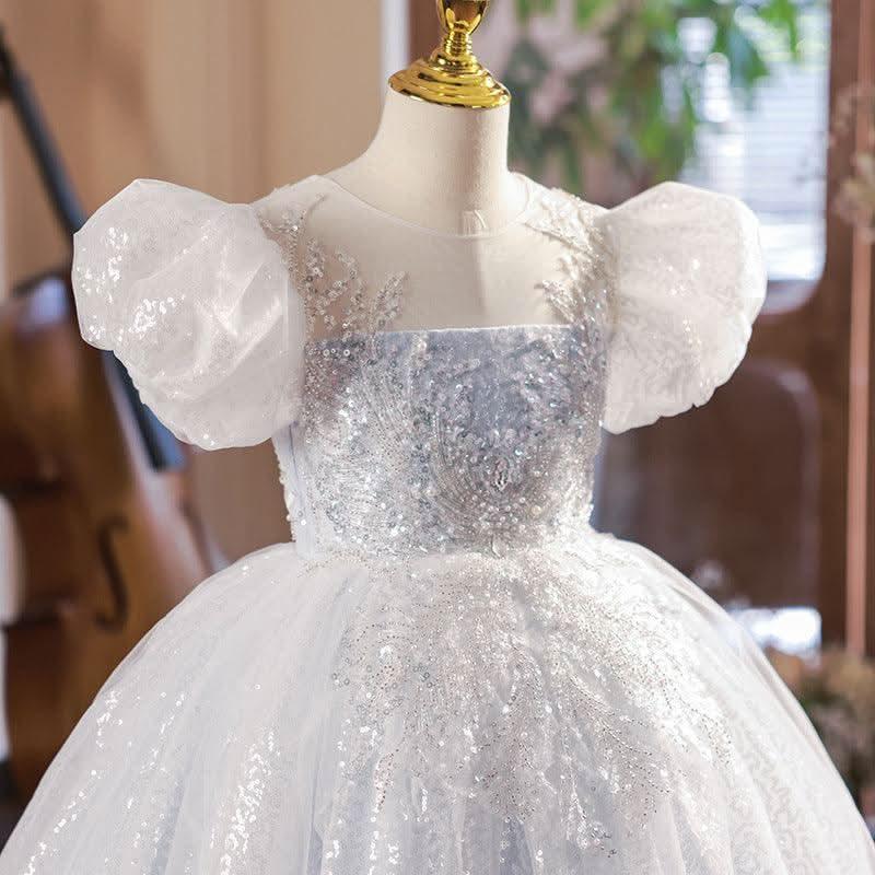 New Girls Birthday Party Puff Sleeve Sequin Children's Evening Dress