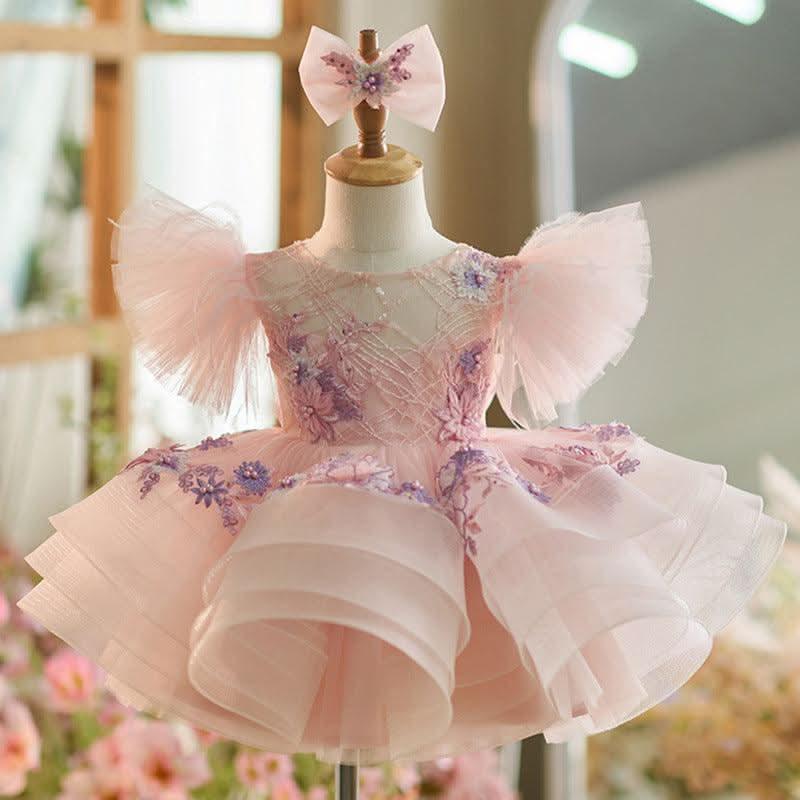 Girls Embroidered Flower Princess Dress Feather Sleeve Party Dress | KLFFIGID