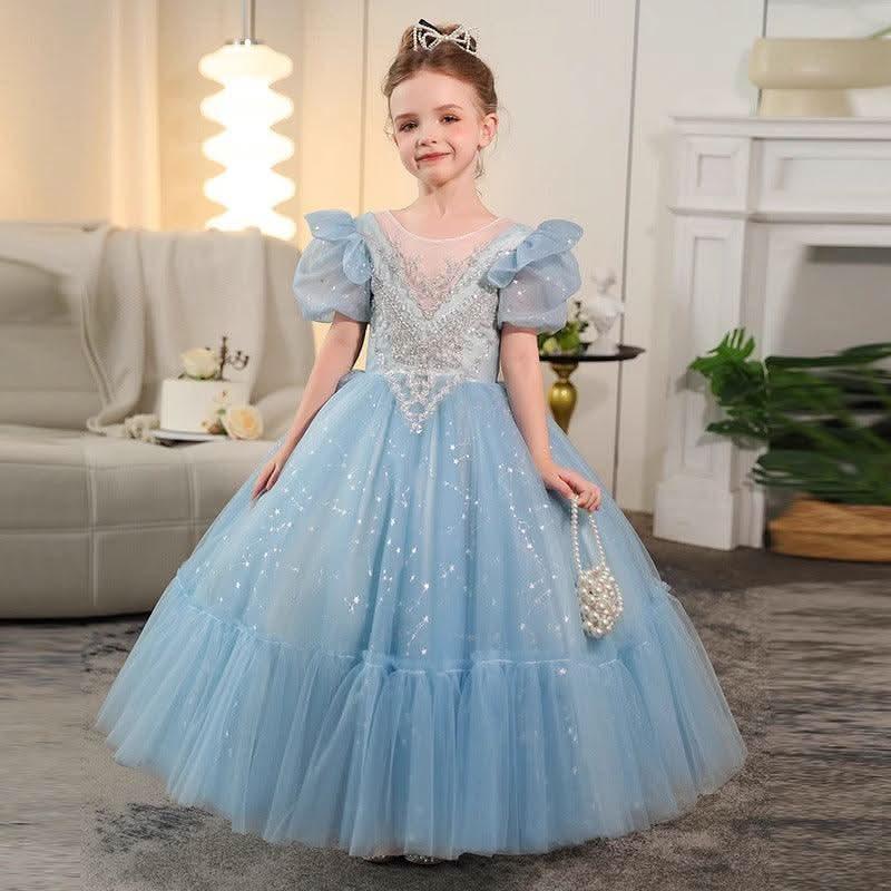 3-12 years old birthday party girls princess dress wedding puff sleeve embroidered mesh fluffy blue sequins elegant girls evening dress