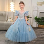 3-12 years old birthday party girls princess dress wedding puff sleeve embroidered mesh fluffy blue sequins elegant girls evening dress