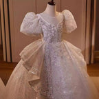 New Fashion Children's Wedding Dress Puff Sleeve Sequined Fluffy Girl Princess Dress