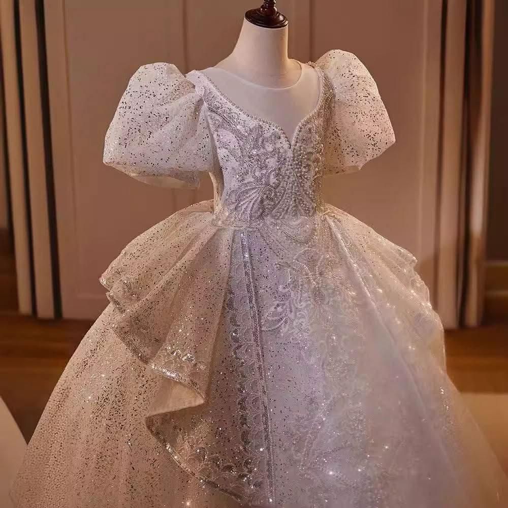 New Fashion Children's Wedding Dress Puff Sleeve Sequined Fluffy Girl Princess Dress