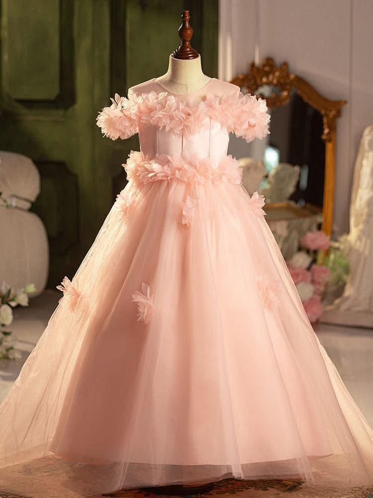 Children's Dress Wedding Pink Rose Elegant Evening Dress Birthday Party Girl Princess Dress