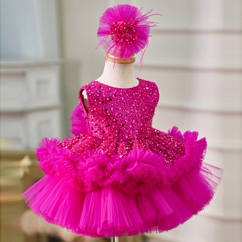 Baby Pink Sequin Feather Hem Princess Party Dress | KLFFIGID