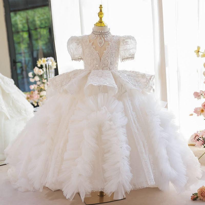White Wedding Dress Flower Girl Catwalk Trailing Sequin Girl Princess Dress