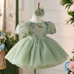Fairy Green Puff Sleeve Embroidered Princess Dress | KLFFIGID