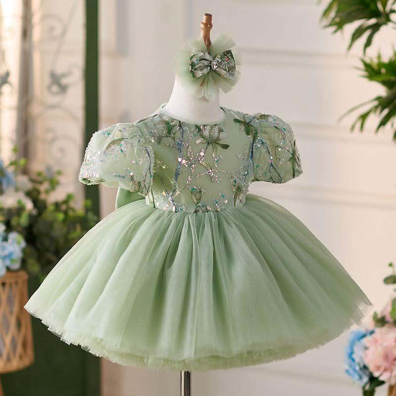 Fairy Green Puff Sleeve Embroidered Princess Dress | KLFFIGID