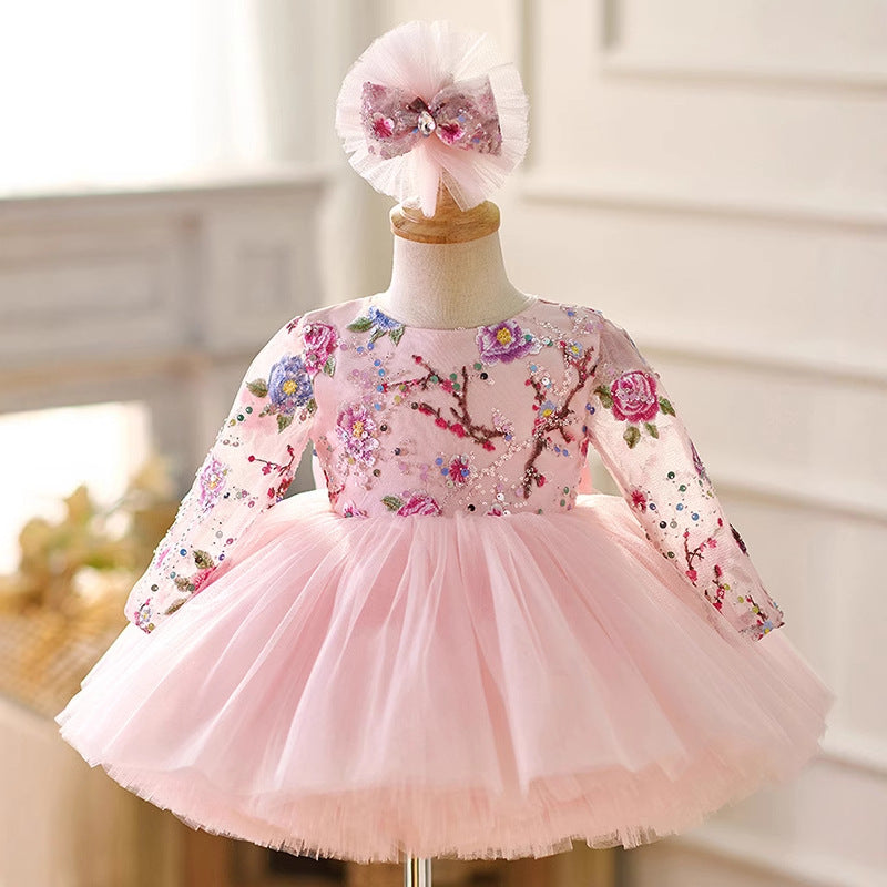 Purple Long Sleeve Embroidered Tulle Party Dress | KLFFIGID