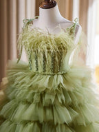 3-12-year-old Green Feather Girls' Cake Skirt Stage Performance Fluffy Wedding Dress Girls' Evening Dress