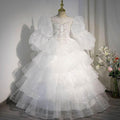 Girls Evening Dress Fashion White Puff Long Sleeve Flower Girl Wedding Dress Puffy Girl Princess Dress