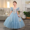 3-12 years old birthday party girls princess dress wedding puff sleeve embroidered mesh fluffy blue sequins elegant girls evening dress