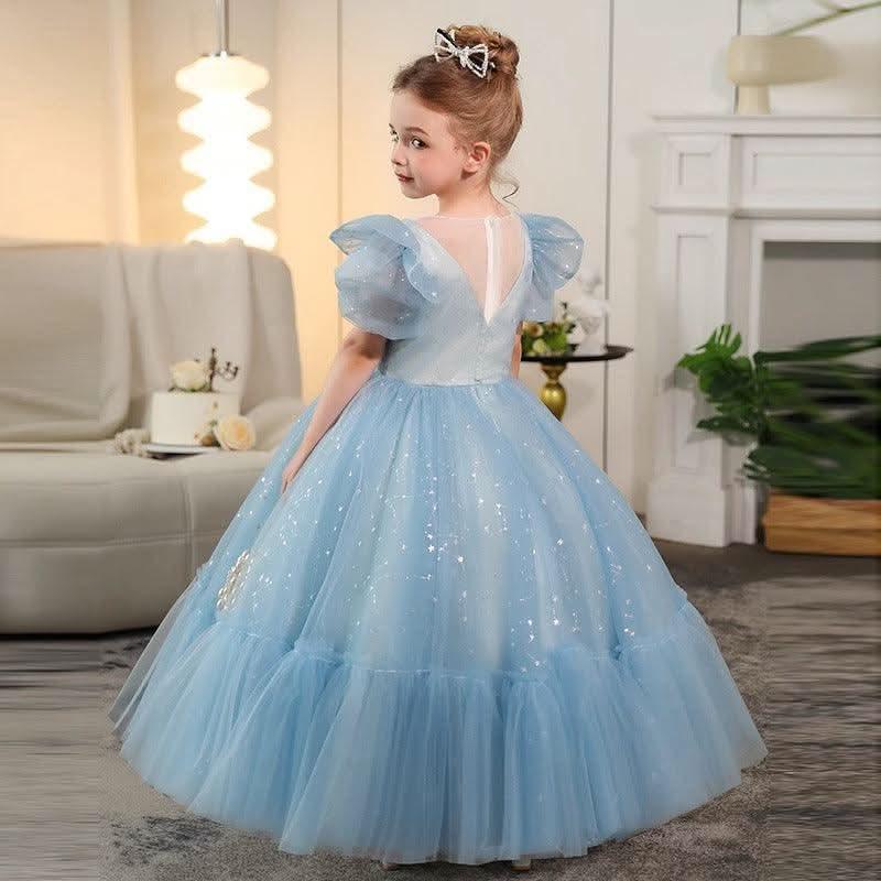 3-12 years old birthday party girls princess dress wedding puff sleeve embroidered mesh fluffy blue sequins elegant girls evening dress
