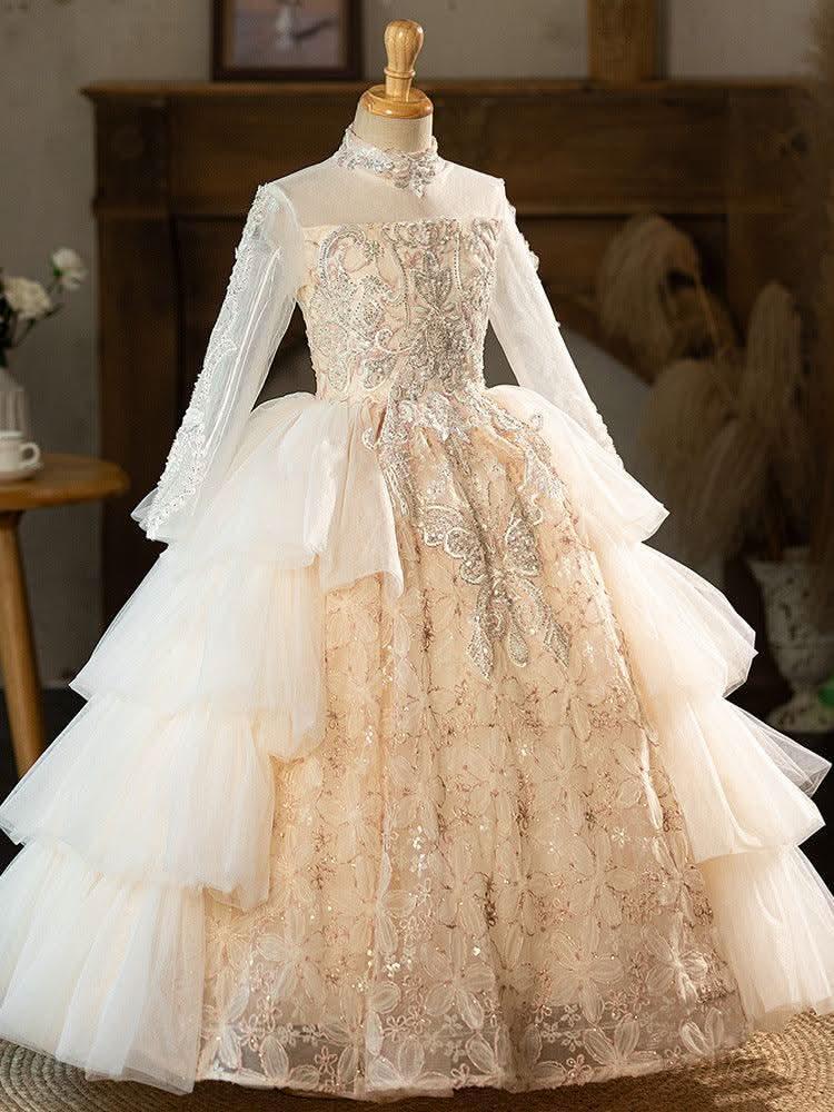 Children's dress champagne colored wedding dress lace fluffy embroidery long sleeved flower girl princess dress