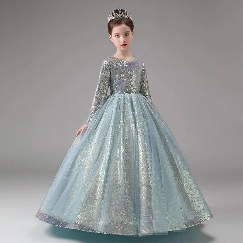Children's Evening Gown Sequin Long Sleeve Stage Performance Girls Dress