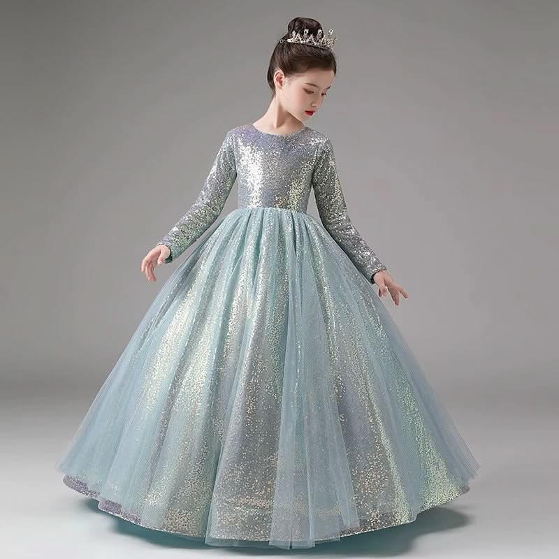 Children's Evening Gown Sequin Long Sleeve Stage Performance Girls Dress