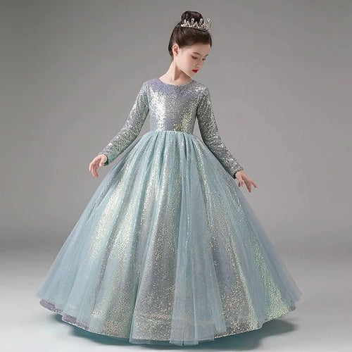 Children's Evening Gown Sequin Long Sleeve Stage Performance Girls Dress