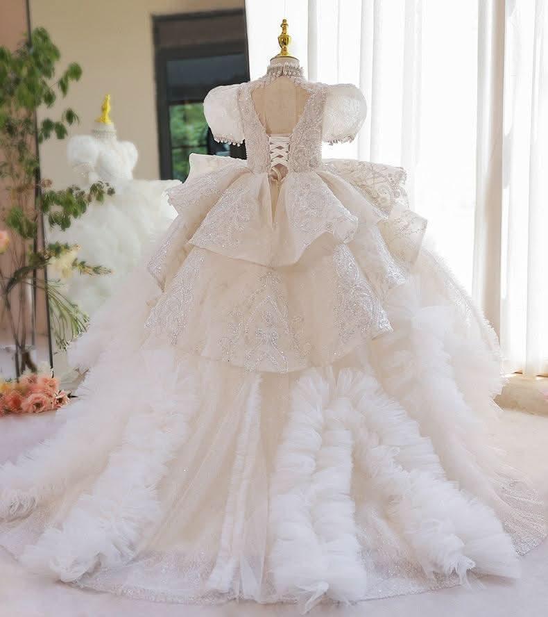 White Wedding Dress Flower Girl Catwalk Trailing Sequin Girl Princess Dress
