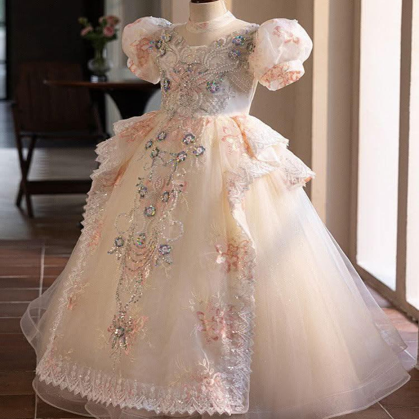 Birthday Party High end Children's Wedding Dress Bubble Sleeves Fluffy Bow Elegant Tail Girl Princess Dress