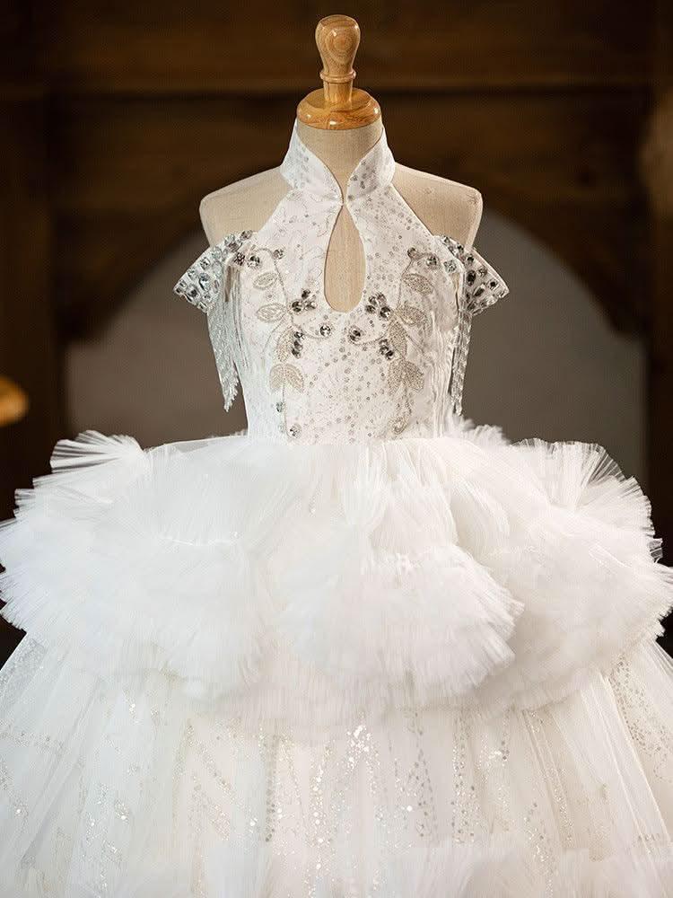 Children's White Wedding Dress 3-12 Years Old Elegant Birthday Party Bow Fluffy Girl Princess Dress