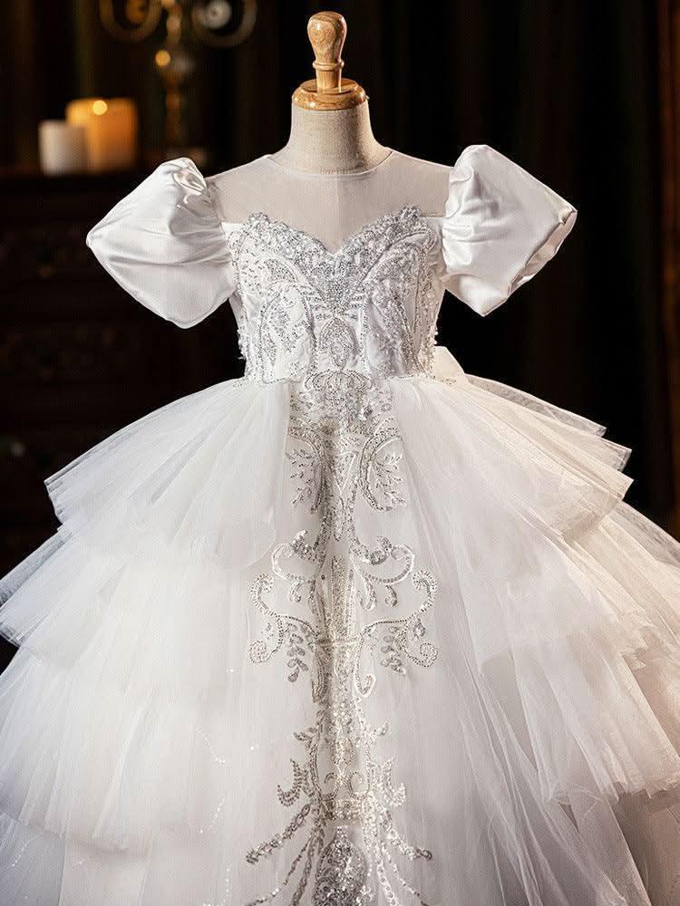 4-10-year-old children elegant flower girl bubble sleeve embroidered wedding dress girls princess dress