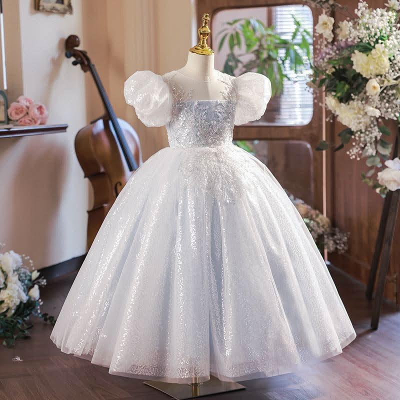 New Girls Birthday Party Puff Sleeve Sequin Children's Evening Dress