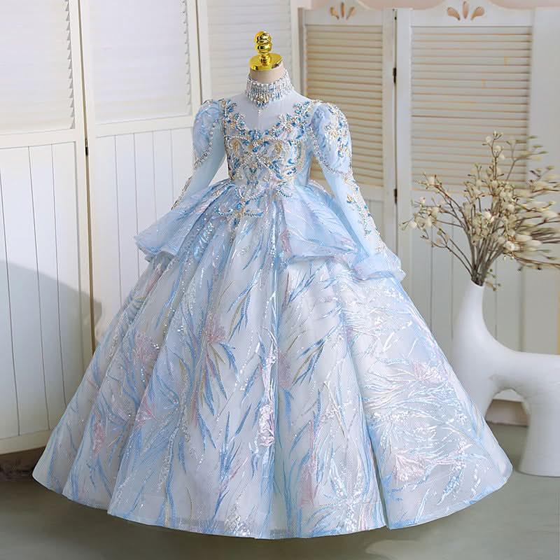 Birthday party dress girls sequined long sleeve princess dress wedding flower girl dress