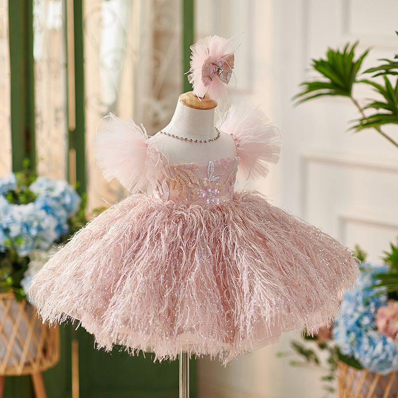 Baby's Birthday Dress Stylish Feather Pageant Gown｜KLFFLGID