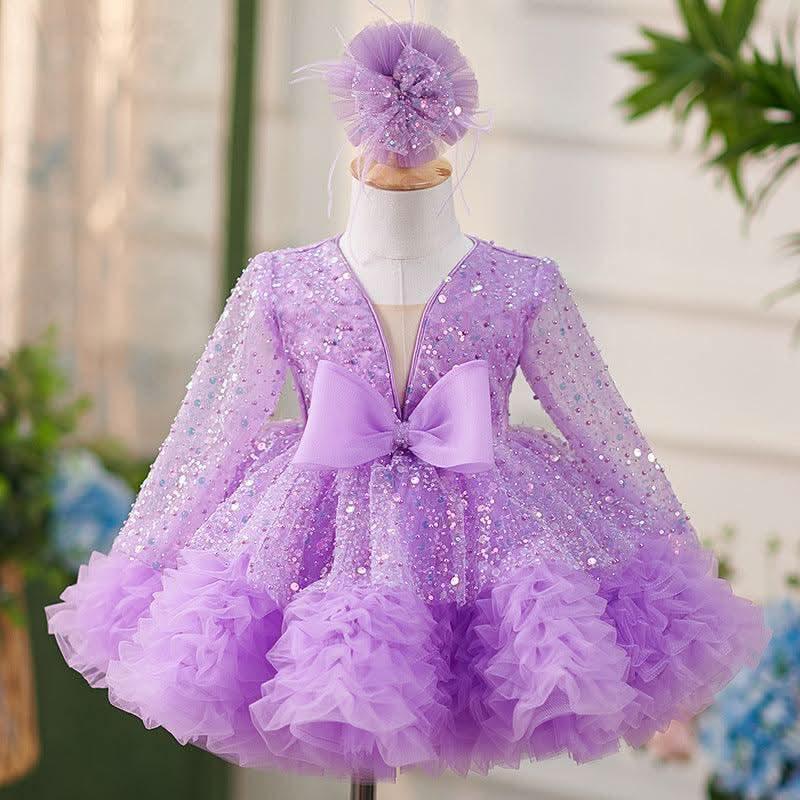 2Pcs Purple Long Sleeve Sequin Girl Party Dress with Bow | KLFFIGID