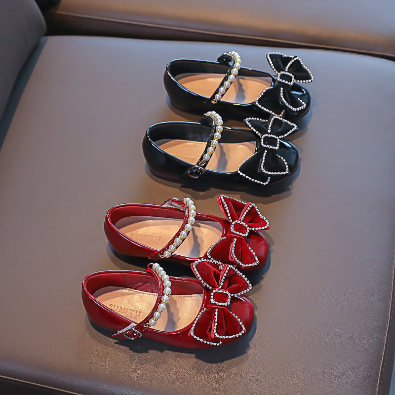 Bowknot girls shoes, small leather shoes, pearl shoes, red baby shoes
