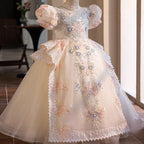 Birthday Party High end Children's Wedding Dress Bubble Sleeves Fluffy Bow Elegant Tail Girl Princess Dress