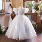 New Girls Birthday Party Puff Sleeve Sequin Children's Evening Dress