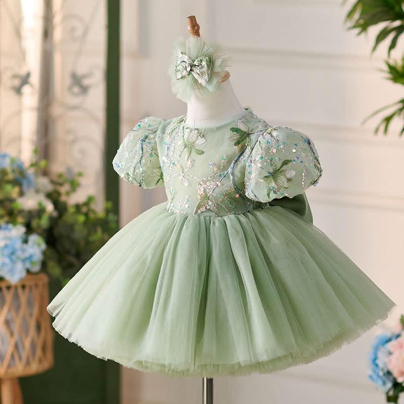 Fairy Green Puff Sleeve Embroidered Princess Dress | KLFFIGID