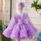2Pcs Purple Long Sleeve Sequin Girl Party Dress with Bow | KLFFIGID